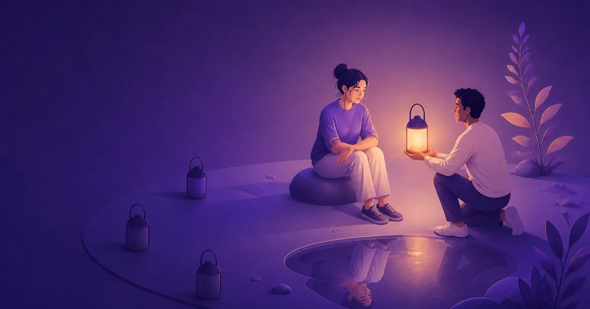 illustratie van een persoon verlicht door de lantaarn van een leidinggevende en de eigen weerspiegeling in een vijver