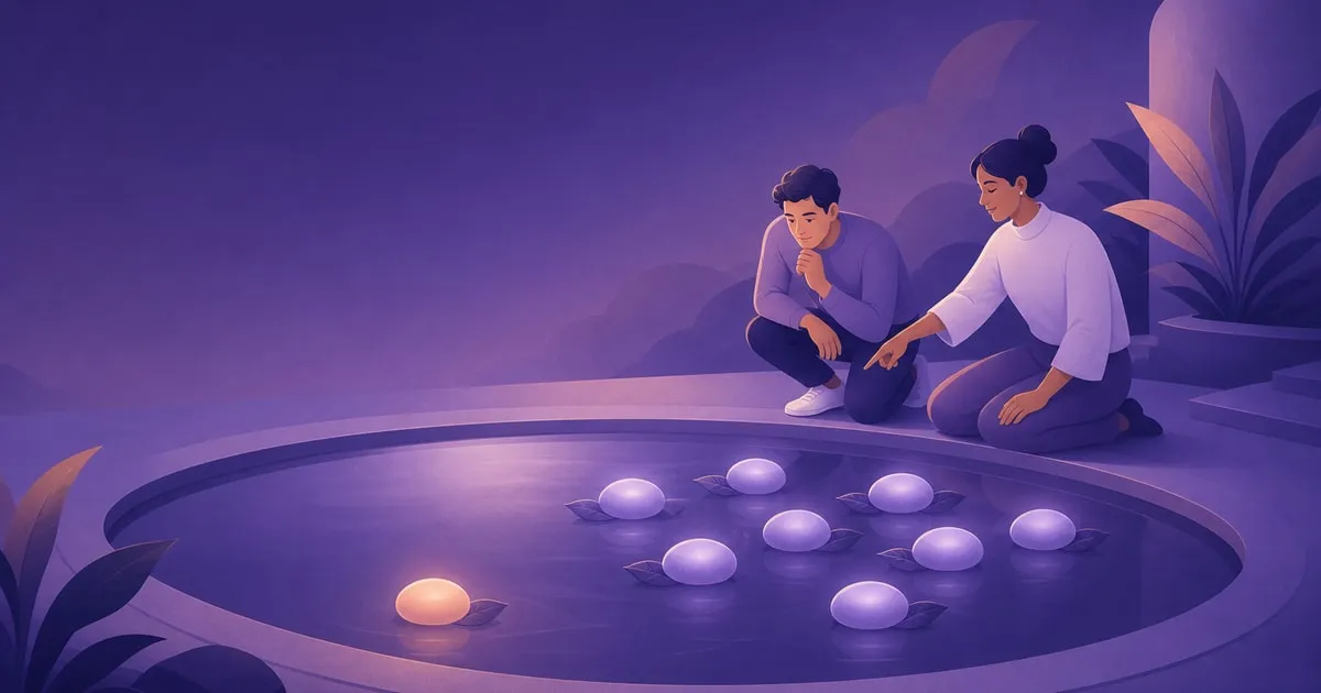 illustration of two colleagues studying glowing stones scattered in a pool, with one warm stone resting apart from the rest