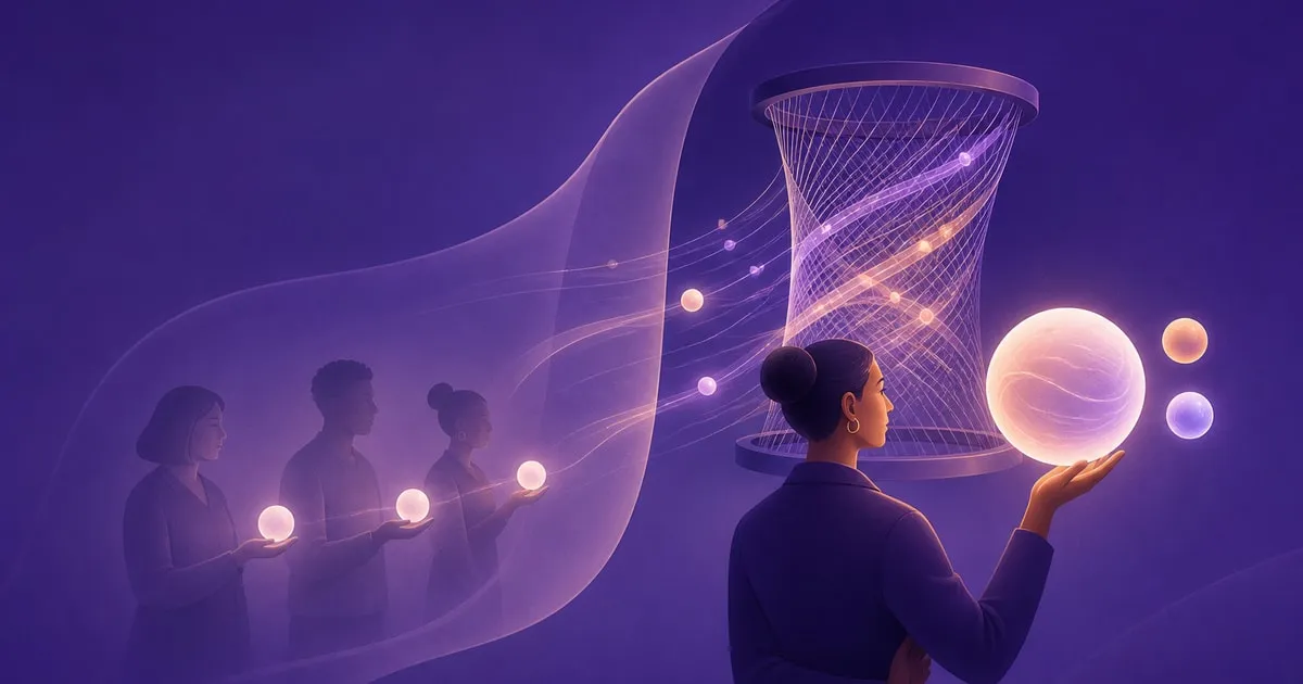 illustration of colleagues behind a veil sending glowing orbs into one sphere that a manager studies, with two orbs left apart