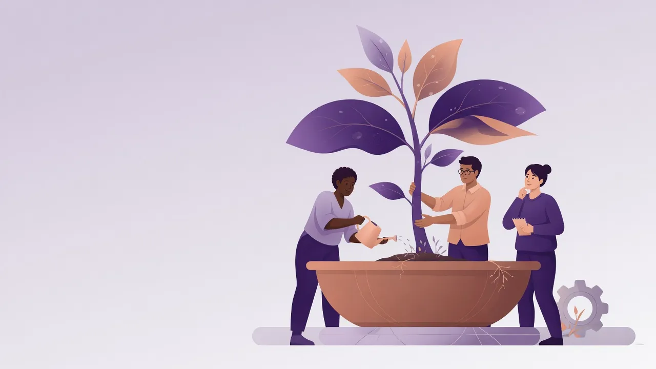 illustration of colleagues tending a growing plant together as a metaphor for nurturing feedback culture