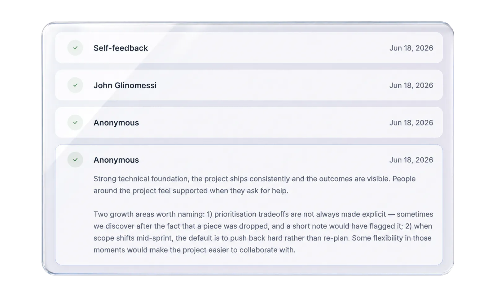 Feedbacklijst met antwoorden met naam en anonieme antwoorden naast elkaar in Lynxify.me
