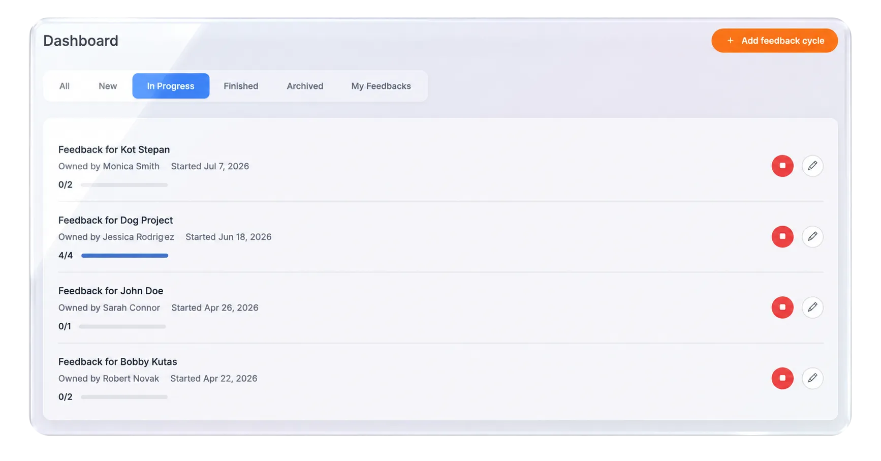 Dashboard met actieve feedbackrondes en de voortgang per teamlid in Lynxify.me