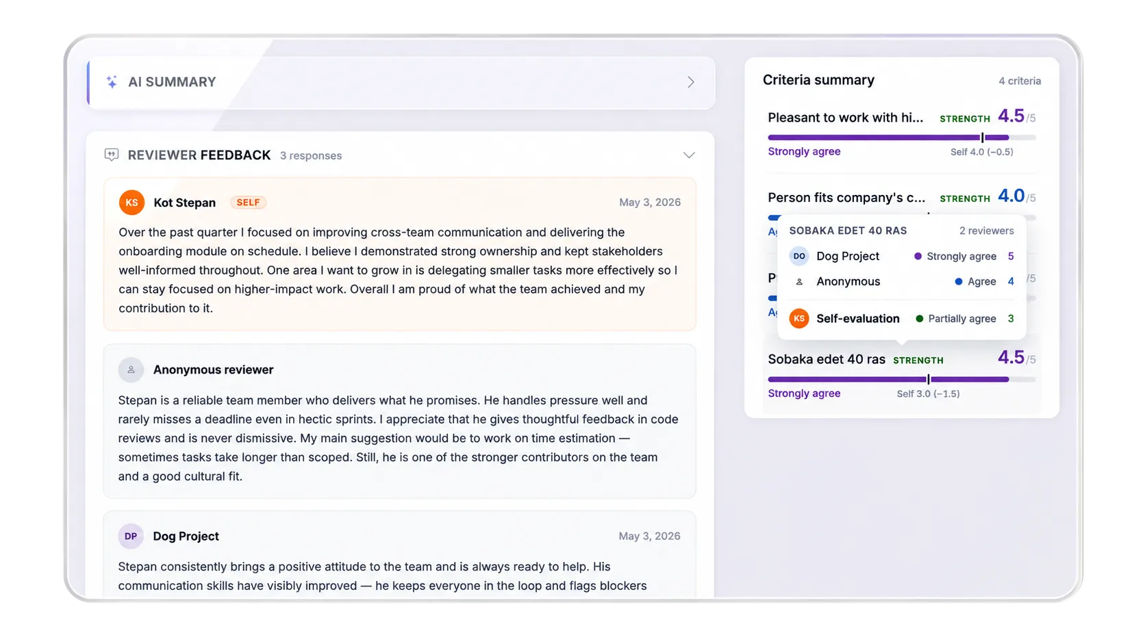360 graden feedbackweergave met antwoorden van feedbackgevers naast een samenvatting van de criteria met scores per feedbackgever in Lynxify.me