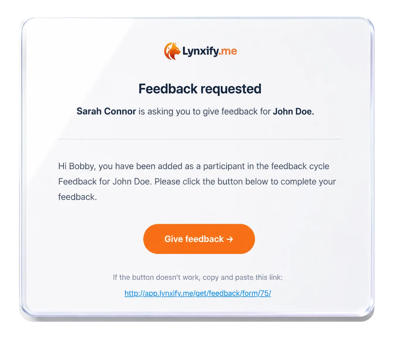 E-mail van Lynxify.me met het verzoek aan een feedbackgever om feedback te geven voor John Doe