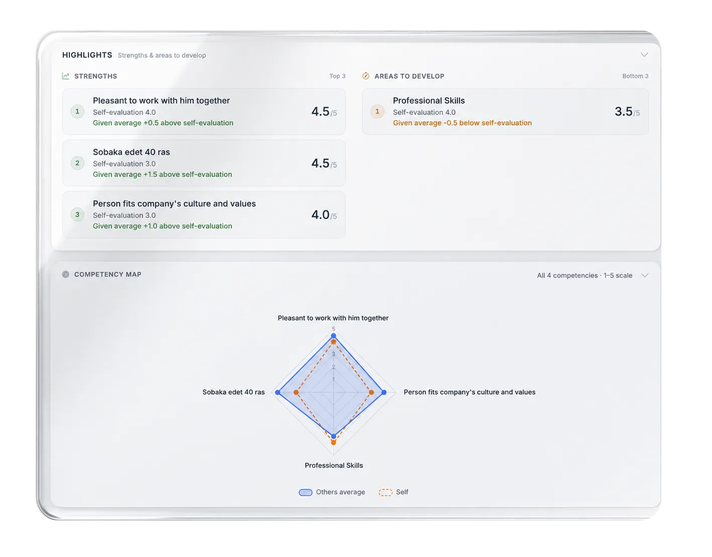 Resultatenoverzicht met de belangrijkste sterke punten en ontwikkelpunten met scores, plus een radardiagram van de competenties in Lynxify.me