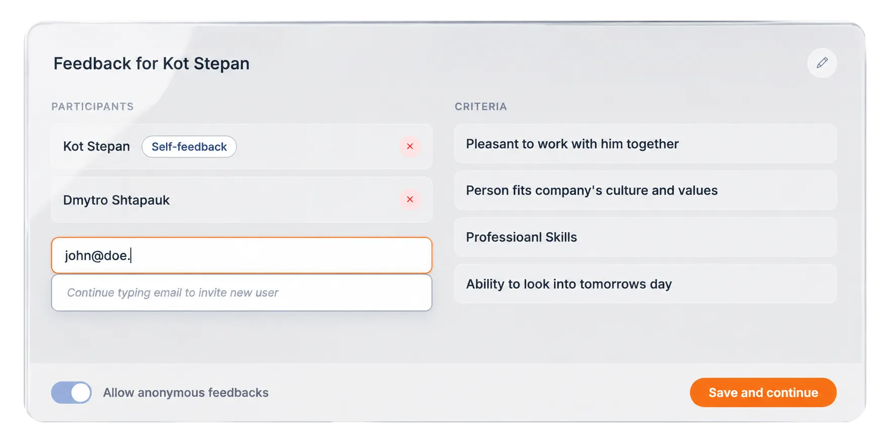 Opzet van een feedbackronde met deelnemers, keuze van criteria en een veld om per e-mail uit te nodigen in Lynxify.me