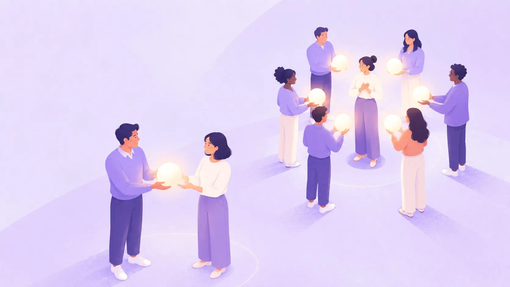 illustration of colleagues exchanging glowing orbs of feedback in pairs and a small group