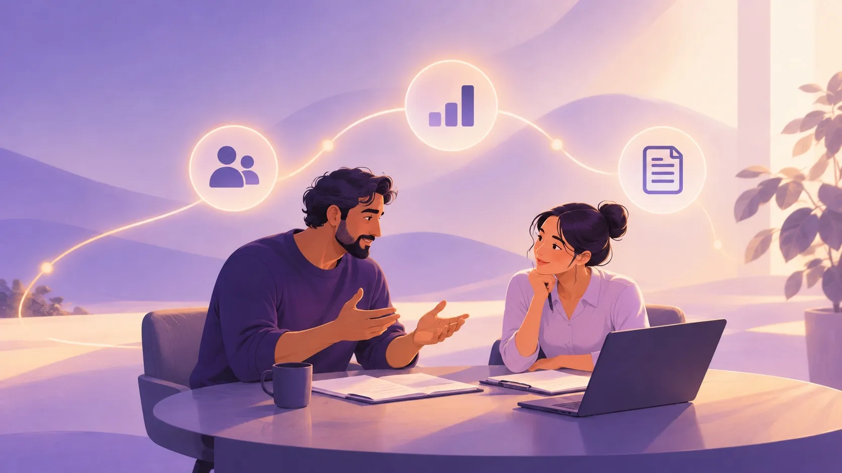 illustratie van een leidinggevende en een medewerker in gesprek aan tafel, met pictogrammen voor samenwerking, resultaten en afspraken