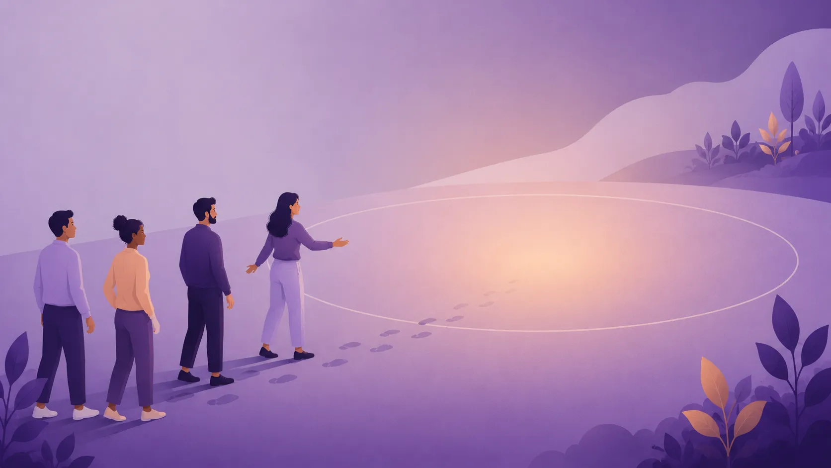 illustration of a leader crossing a footbridge first while the team watches from the near bank