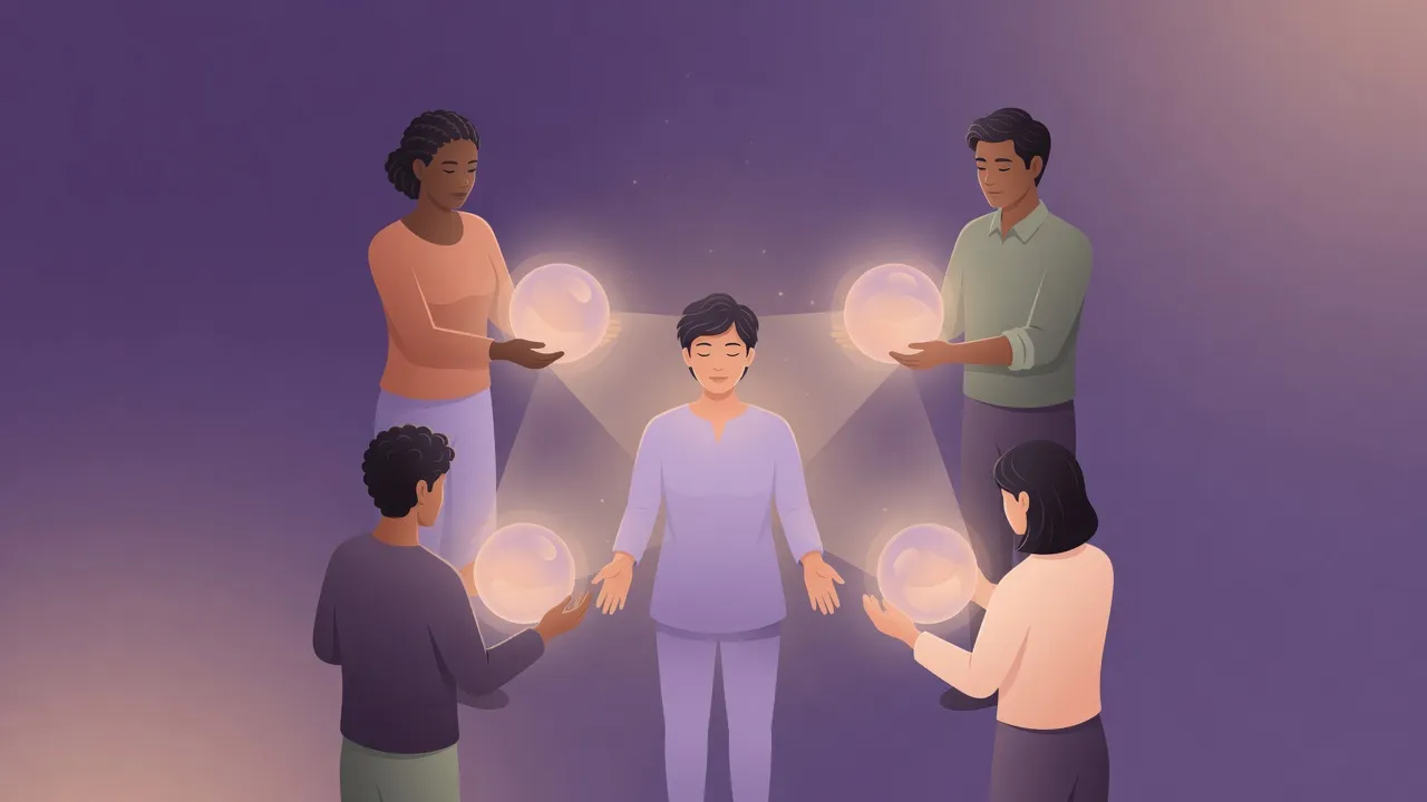 illustration of a facilitator setting up a structured 360 review cycle for a small team