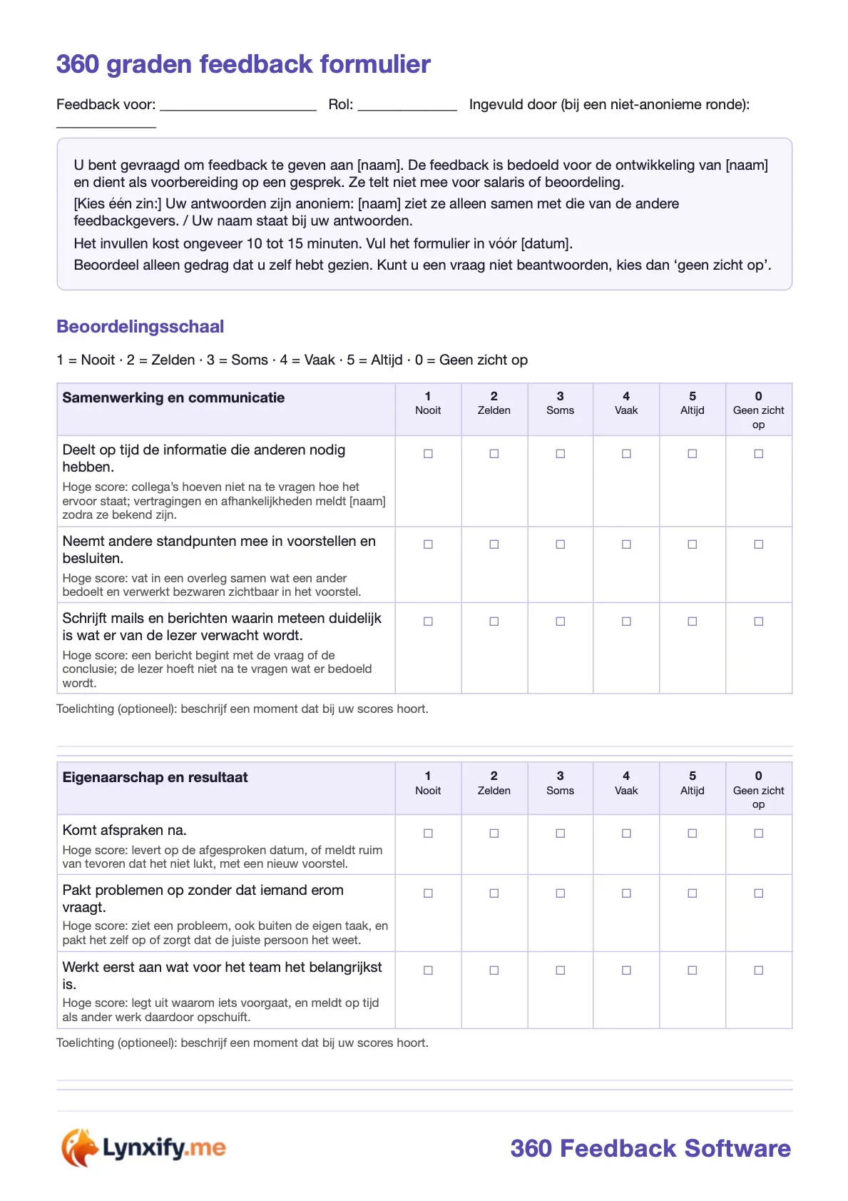 eerste pagina van het downloadbare formulier, met één competentie, drie vragen met gedragsindicator, de schaal van 1 tot 5 en de kolom "geen zicht op"