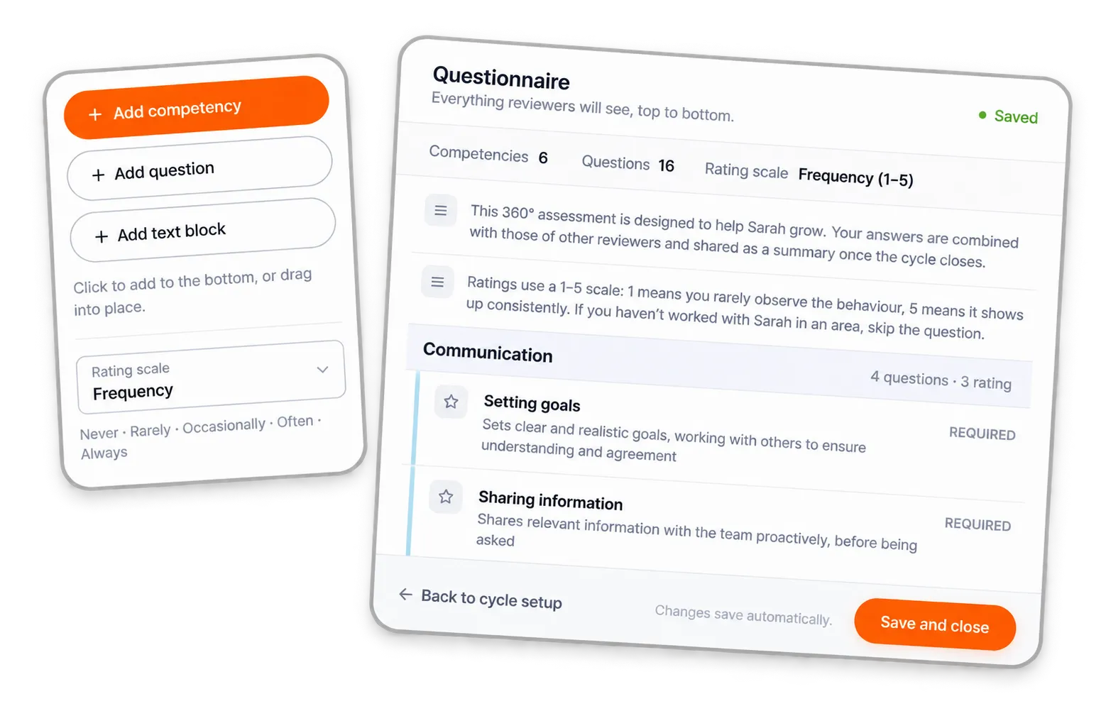 Lynxify.me questionnaire builder showing competency, question, and text block controls