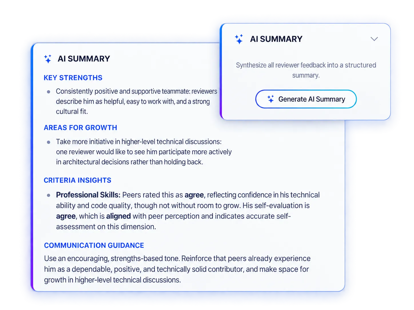 Lynxify.me AI summary card showing key strengths, areas for growth, criteria insights, and communication guidance