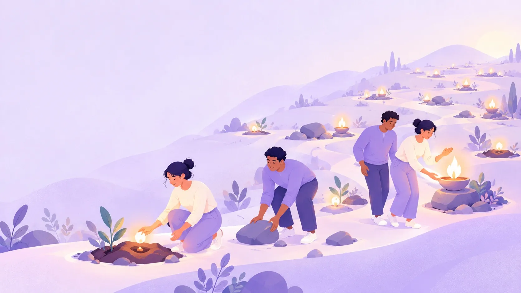 illustration of colleagues planting a glowing seed, moving a stone and tending a lamp along a winding path