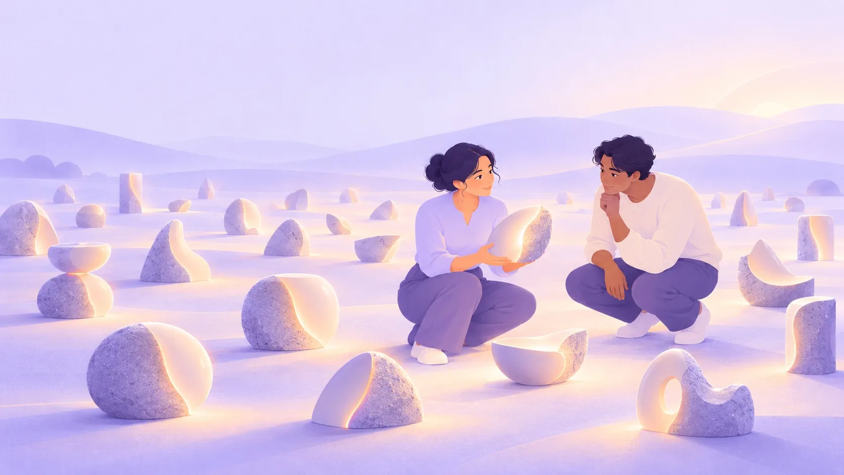 illustration of two colleagues examining a glowing stone together among many split, glowing stones in a landscape