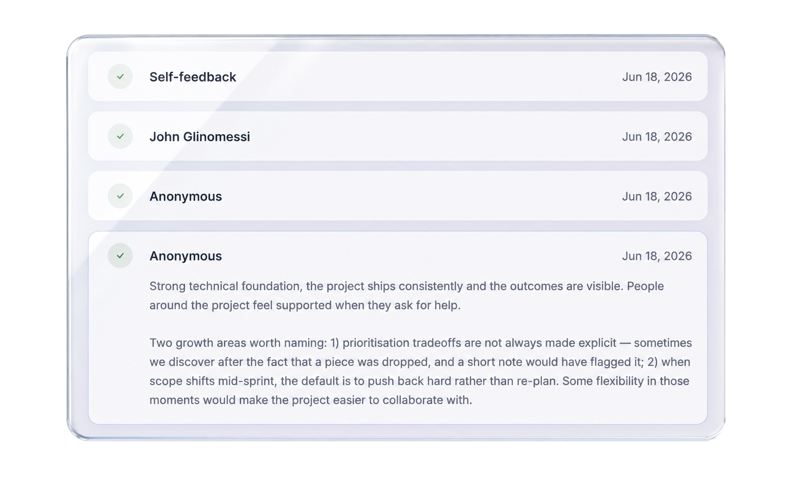 Feedback list showing named and anonymous responses alongside each other in Lynxify
