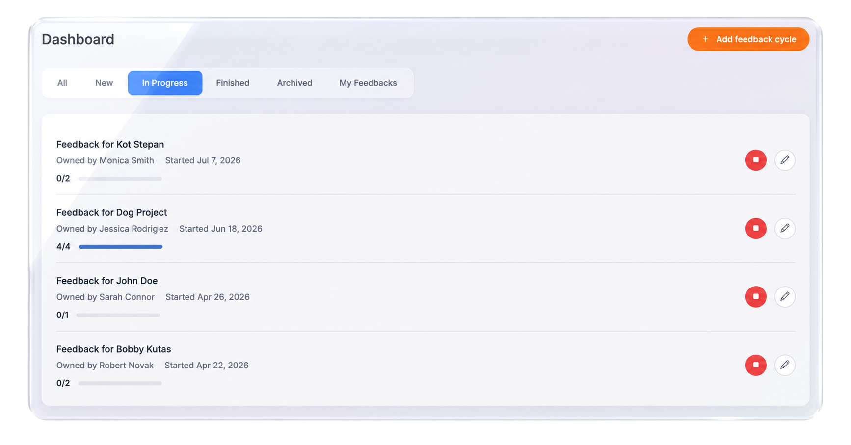 Dashboard showing active feedback rounds with progress indicators for each team member in Lynxify