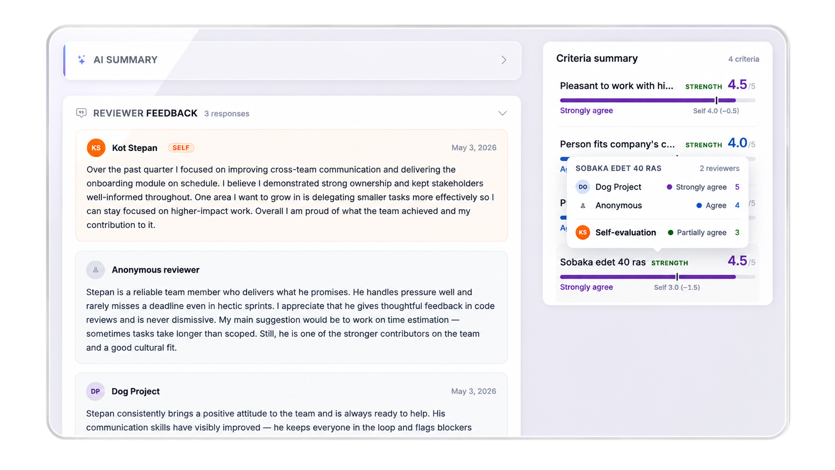 Multi-rater 360 feedback view showing reviewer responses alongside a criteria summary with scores per rater in Lynxify
