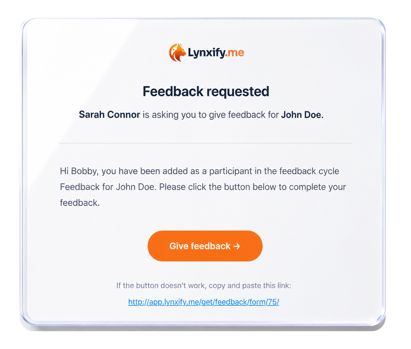 Feedback request email from Lynxify asking a rater to give feedback for John Doe