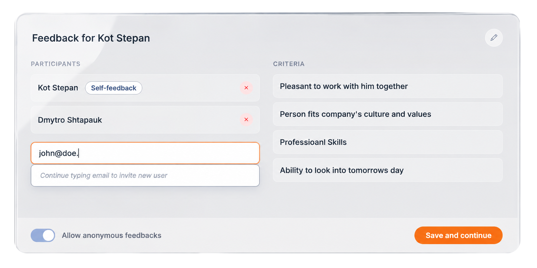 Feedback round setup showing participants and criteria selection with an email invite field in Lynxify