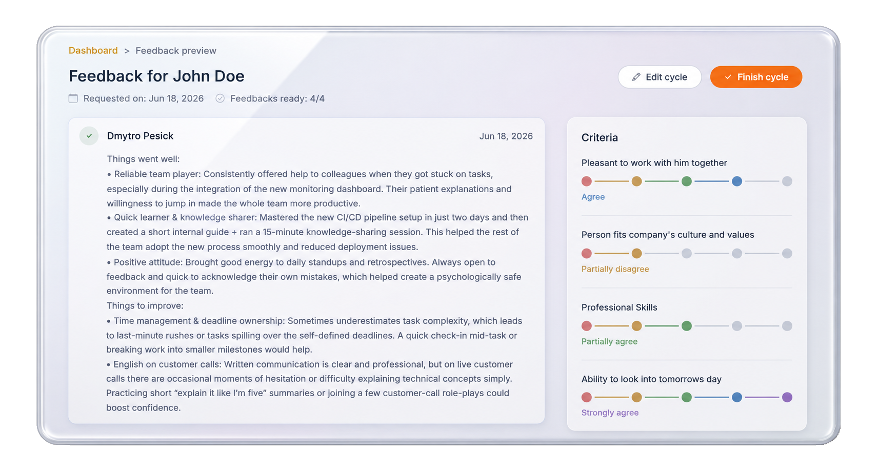 Feedback preview for John Doe showing written responses alongside criteria ratings in Lynxify